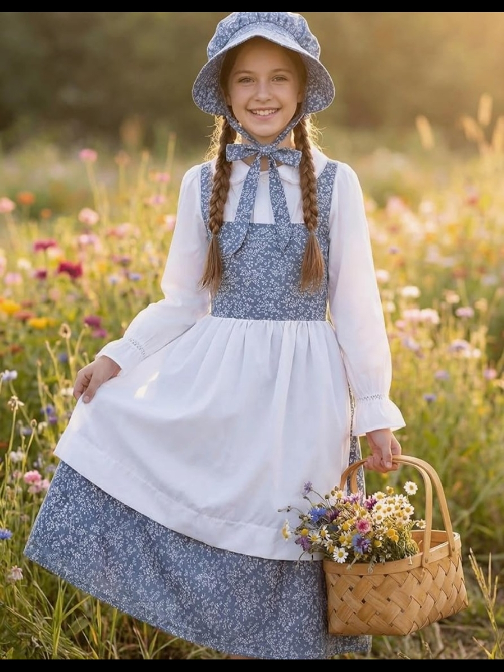 Blue Floral Prairie Girl Costume Dress and Bonnet Fits 10 -12 Year Olds